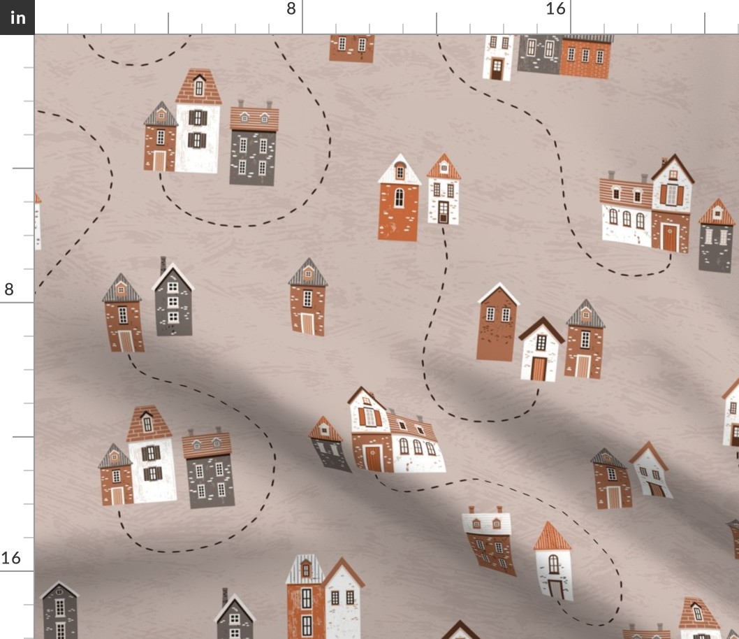 Fall European village | cozy small houses in red, brown and white on taupe grey | large