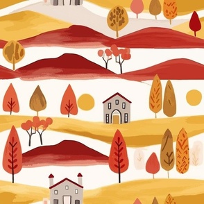 A simple hand painted  orange and gold landscape in fall with hills and trees.