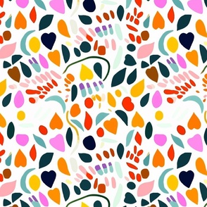 Bright and cheery confetti scatter print of hearts and circles and abstract marks in bright palette of red and navy and yellow and orange