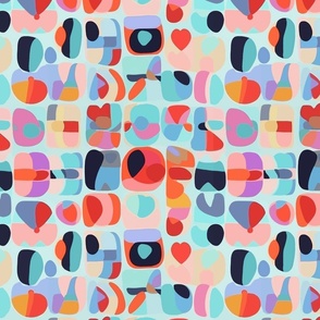Almost a grid of abstract shapes and forms like hearts and dots and square on a light blue background with many colored shapes