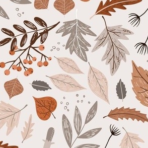 Colorful bright fall leaves on cream, large  scale 