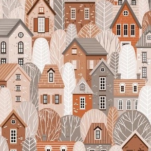 Fall houses and trees in ochre brown, terracotta red, grey and pink | medium 
