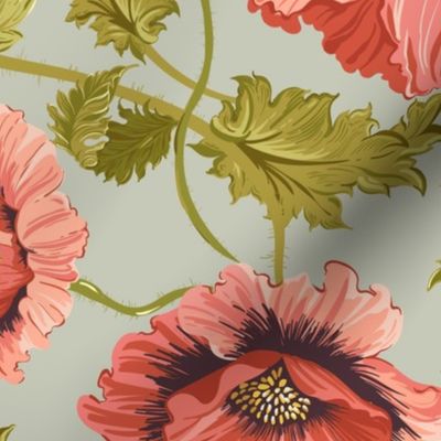 Large Pink Shirley Poppy florals on green vines