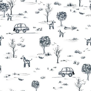 Watercolor on safari zebra animal print, car, trees and landscape illustration, animals, boys outdoor print