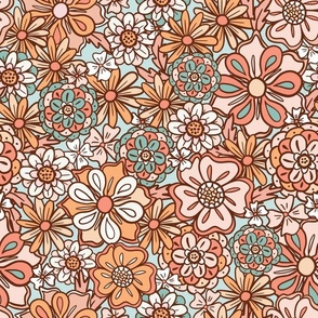 Large Scale - Sweet retro floral print, flowers line drawing pink orange teal yellow mint
