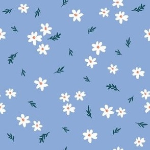 Spring blooms, scattered flowers, simple, daisy pattern, wildflowers, pink, white, green