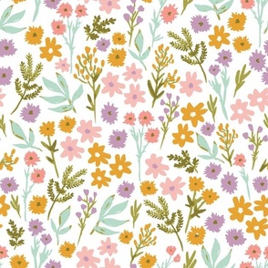 Spring Blooms, daisy, fern, flowers, floral, ditsy floral, summer colours, yellow ocher, lilac, green, blue Wildflowers