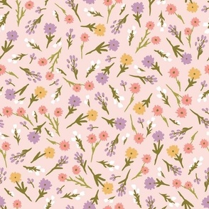 Spring Blooms, wildflowers, flowing print, scattered flower stems, pink, purple, green, white, yellow