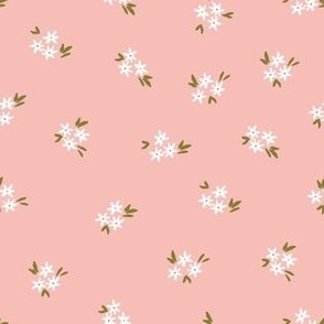 Cluster  spring blooms, scattered flowers, simple, daisy pattern, wildflowers, pink, white, green
