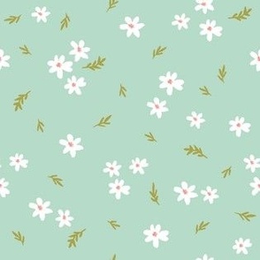Spring blooms, scattered flowers, simple, daisy pattern, wildflowers, light teal, green, white