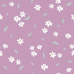 Spring blooms, scattered flowers, simple, daisy pattern, wildflowers, purple, green, white