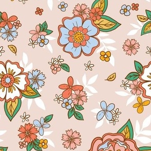 Retro floral 70's seventies flower pattern scattered flowers, leaves, roses, daisy, vintage, red, green, yellow, orange, blue