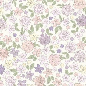 Whimsical pastel pink and purple spring florals 8 x 6in