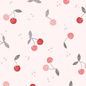 Cheerful Pink and red cherries on light pink, medium scale