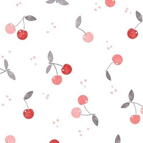 Pink and red cherries on white, medium scale