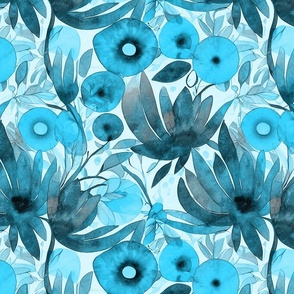 Abstract Watercolor Summer Flower Pattern Teal Blue Smaller Scale