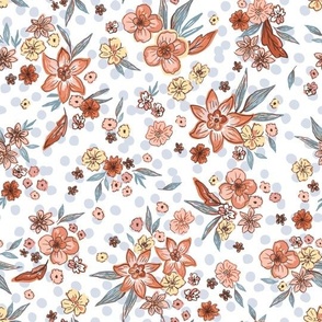 Boho floral print flowers, blooms, blossoms and dots all over scattered multi directional soft grey green, peach, red, yellow