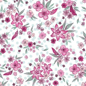 Boho floral print flowers, blooms, blossoms and dots all over scattered multi directional print, pink, green 