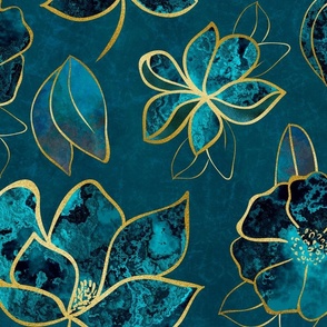 Elegant And Fancy Fantasy Flower Pattern In Turquoise And Gold 1+2