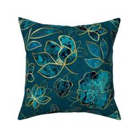 Elegant And Fancy Fantasy Flower Pattern In Turquoise And Gold 1+2 Smaller Scale