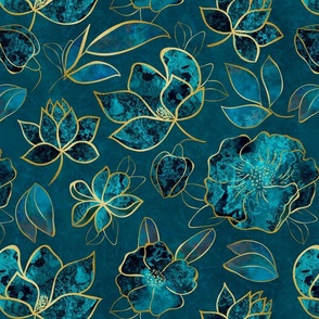 Elegant And Fancy Fantasy Flower Pattern In Turquoise And Gold 1+2 Smaller Scale