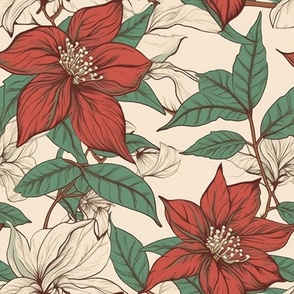 Art Nouveau Vintage Poinsettia Florals - Red Flowers, Green Leaves, White Accents, Beige Background, Christmas Spirit