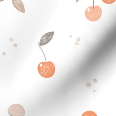 Large| Tossed cherries in warm orange peach and coral pink on white