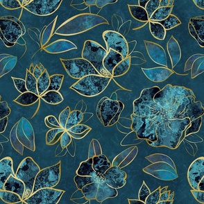 Elegant And Fancy Fantasy Flower Pattern In Turquoise And Gold 1+2 More Navy Smaller Scale