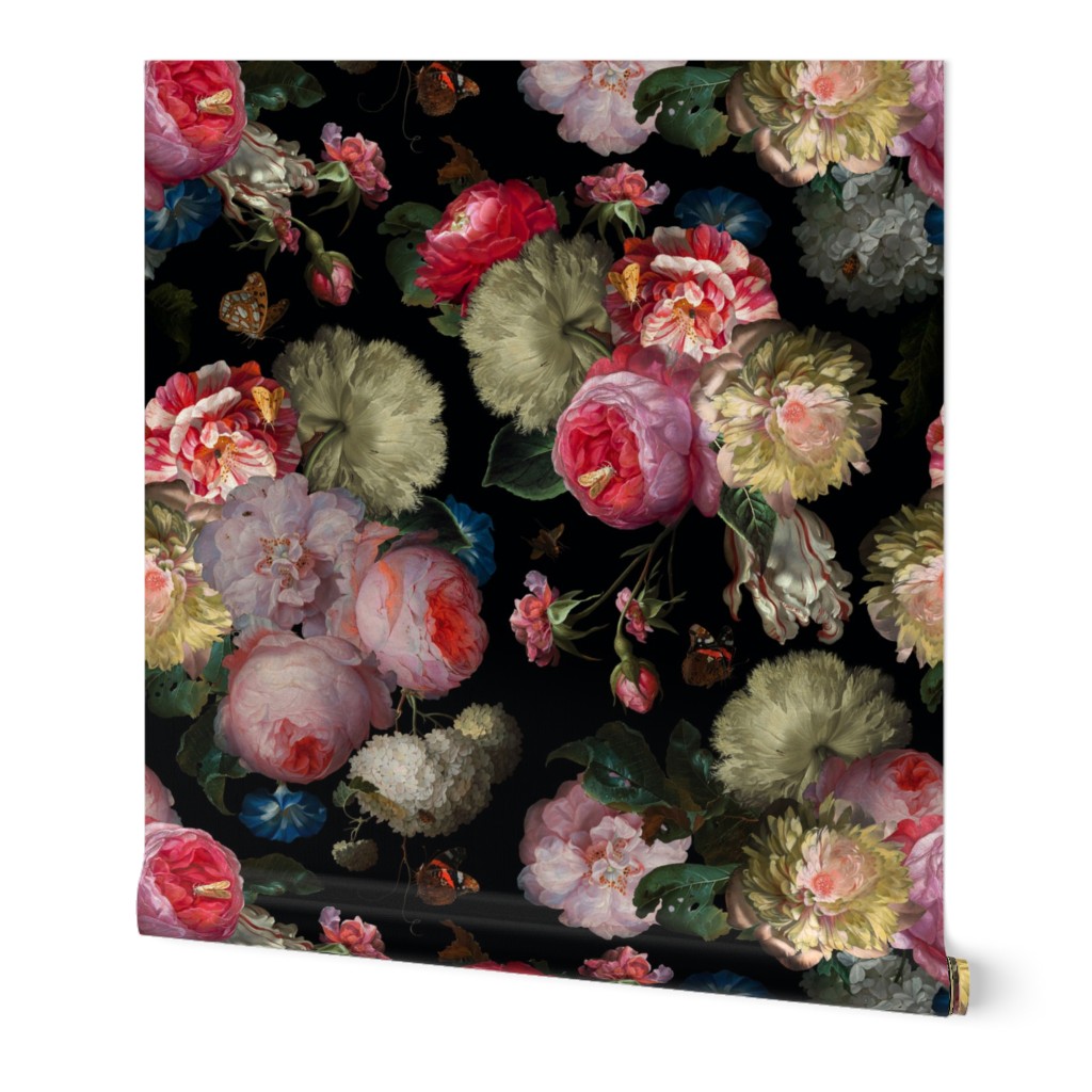 10" Costumer Request Nostalgic antiqued dark moody floral, dutch antique hand painted flemish Night Roses for Wallpaper and Home Decor-  on Black, Vintage home decor, antique wallpaper