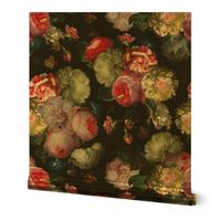 10" Costumer Request Nostalgic antiqued dark moody floral, dutch antique hand painted flemish Night Roses for Wallpaper and Home Decor-  on Black, Vintage home decor, antique wallpaper