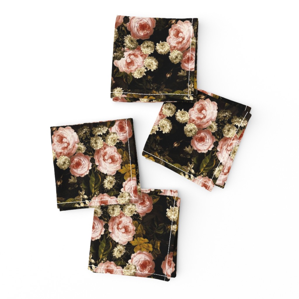 Costumer Request 10" Dutch Nostalgic Midnight Roses Garden - Dutch Flemish antiqued  Antique Flower Painting Fabric,  Dutch Vintage Roses, double layer sunny peach and black