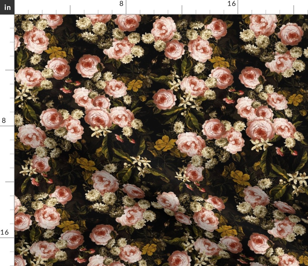 Costumer Request 10" Dutch Nostalgic Midnight Roses Garden - Dutch Flemish antiqued  Antique Flower Painting Fabric,  Dutch Vintage Roses, double layer sunny peach and black
