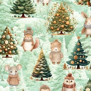 ANIMALS AND CHRISTMAS TREE WINTER SNOWY FOREST GREEN