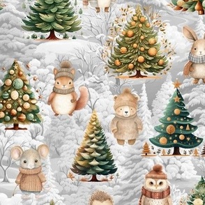 ANIMALS AND CHRISTMAS TREE WINTER PASTEL SNOWY FOREST GRAY grey FLWRHT
