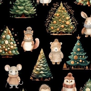 ANIMALS AND CHRISTMAS TREE  BLACK FLWRHT