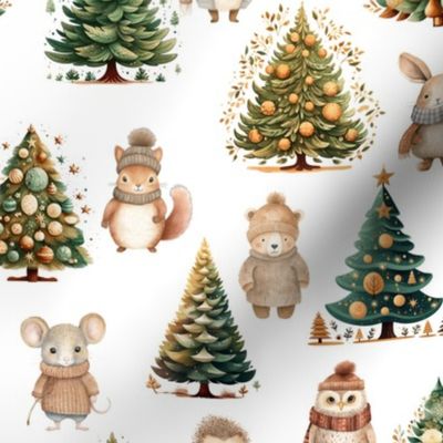 ANIMALS AND CHRISTMAS TREE  WHITE FLWRHT