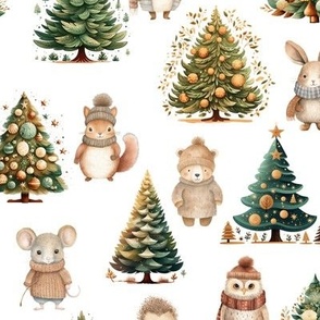 ANIMALS AND CHRISTMAS TREE  WHITE FLWRHT