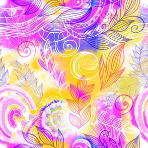 Pink and Yellow Abstract Psychedelic Feathers - Large Scale Seamless Pattern