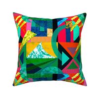 Euphoric Spring mid century modern maximalist geometric patchwork with mountains with texture and crackle overlay 12” repeat red greens bright cyan