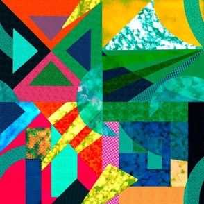 Euphoric Spring mid century modern maximalist geometric patchwork with mountains with texture and crackle overlay 12” repeat red greens bright cyan