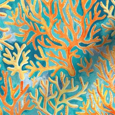 Golden orange coral on ocean blue medium