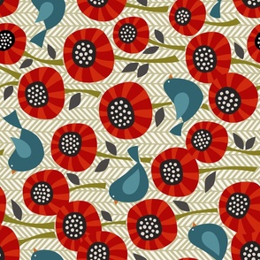 striped poppies on chevron (large scale) - rotated