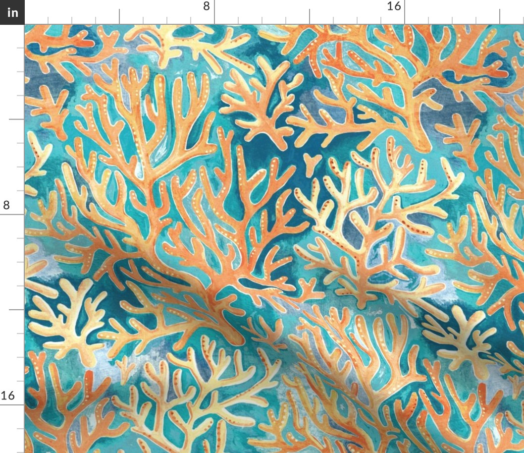 Desaturated golden orange coral on ocean blue large