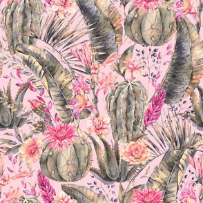 Naturally Tropical Flowers, Watercolor Cacti and Floral Delights on Pink