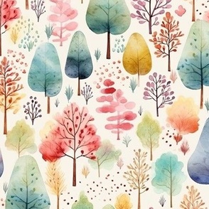 WATERCOLOR PASTEL FOREST TREES PINK BLUE WINTER SPRING FLWRHT