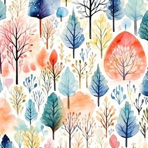 WATERCOLOR PASTEL FOREST TREES RED BLUE WINTER SPRING FLWRHT