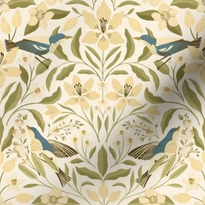 Lilies and Warblers // Cream and Dusty Blue // Medium Scale
