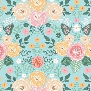 Blooming Countryside Cottage Garden on Light Blue: Delicate leaves surround hand-drawn English roses, delicate butterflies, and ranunculus flowers.
