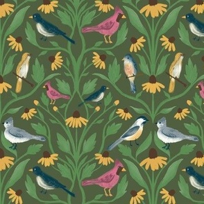 Birds on Daisy Trellis - Cactus Green
