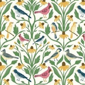 Birds on Daisy Trellis - White 